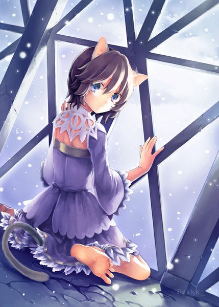Anime picture 600x839 with original kaji (artist) single tall image looking at viewer fringe short hair black hair purple eyes animal ears bent knee (knees) tail animal tail looking back barefoot from behind cat ears bare legs cat tail no shoes