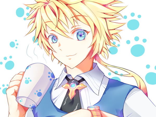 Anime picture 1600x1200 with elsword chung (elsword) bandwidth single long hair looking at viewer fringe blue eyes blonde hair smile hair between eyes white background holding upper body arm up portrait low ponytail spiked hair paw print boy