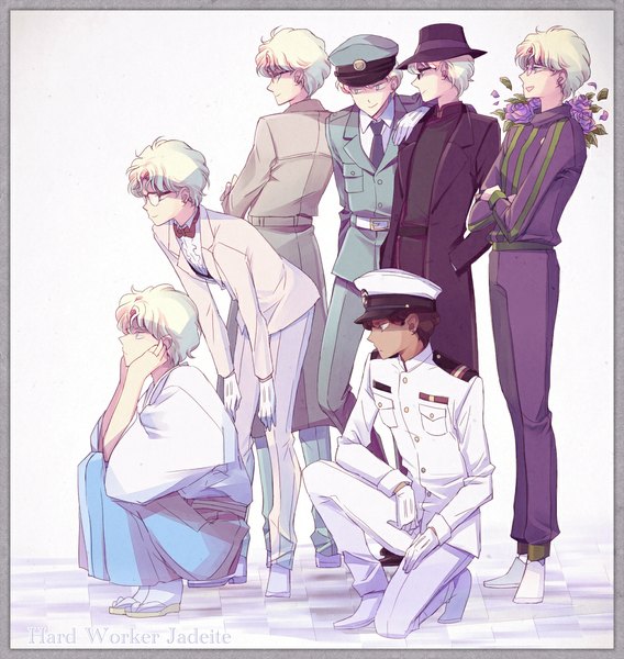 Anime picture 1031x1088 with bishoujo senshi sailor moon toei animation jadeite (sailor moon) saki (hxaxcxk) tall image short hair blue eyes simple background blonde hair brown hair standing traditional clothes japanese clothes profile multiple boys grey eyes kneeling squat framed multiple persona