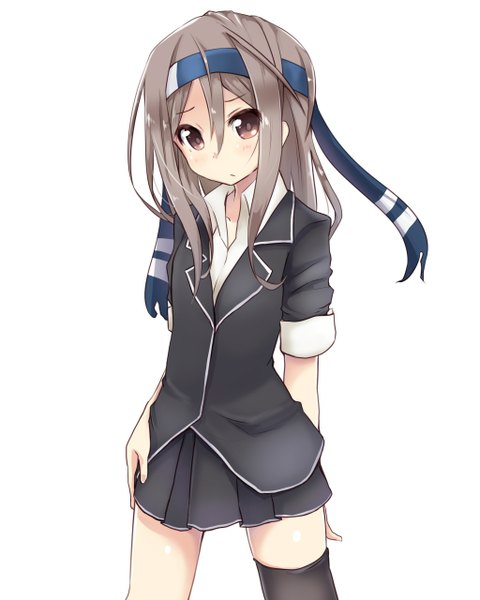Anime picture 1024x1280 with kantai collection zuihou light aircraft carrier hatsushimo destroyer amano kouki single long hair tall image looking at viewer blush simple background white background brown eyes grey hair cosplay hatsushimo (kantai collection) (cosplay) girl thighhighs skirt uniform miniskirt