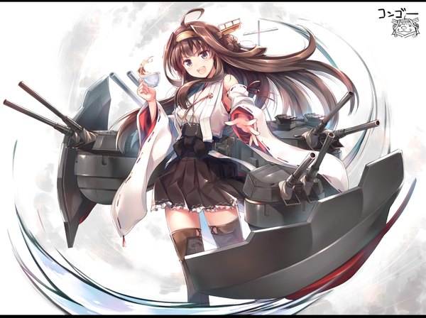 Anime picture 1799x1344 with kantai collection kongou battleship hinooka shuuji single long hair looking at viewer blush highres open mouth blue eyes brown hair ahoge girl hair ornament weapon detached sleeves gun cup