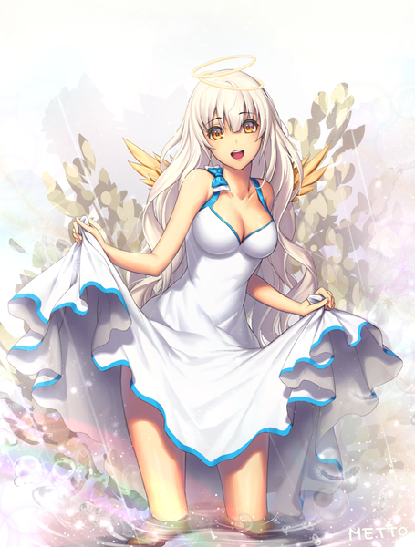 Anime picture 759x1000 with original metto single long hair tall image looking at viewer open mouth yellow eyes white hair girl dress wings halo sundress