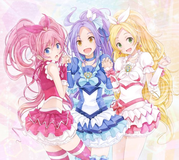 Anime picture 1300x1163 with precure suite precure toei animation houjou hibiki minamino kanade seiren (suite precure) cure melody cure rhythm cure beat quna (artist) long hair open mouth blue eyes blonde hair bare shoulders multiple girls green eyes yellow eyes pink hair purple hair