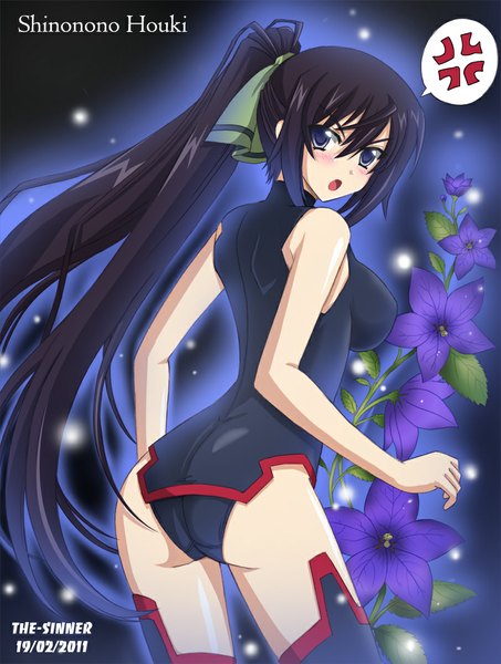 Anime picture 800x1059 with infinite stratos 8bit shinonono houki the-sinner single long hair tall image blush open mouth light erotic black hair purple eyes ass ponytail looking back from behind girl flower (flowers) bodysuit