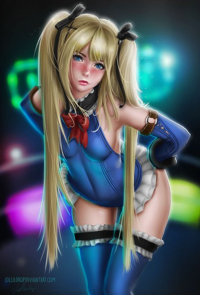 Anime picture 1000x1471 with dead or alive dead or alive 5 marie rose lolliedrop single long hair tall image blush blue eyes light erotic blonde hair twintails payot looking away lips realistic leaning leaning forward sideboob freckles