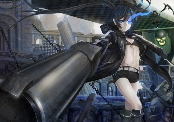 Anime picture 2400x1684 with black rock shooter black rock shooter (character) dead master rayxray long hair highres blue eyes black hair twintails multiple girls open clothes open jacket glowing scar glowing eye (eyes) girl navel weapon 2 girls sword
