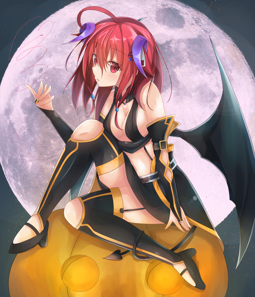 Anime picture 2000x2325 with original moai21 single tall image blush fringe highres short hair light erotic hair between eyes red eyes sitting bare shoulders looking away ahoge bent knee (knees) red hair tail parted lips arm up