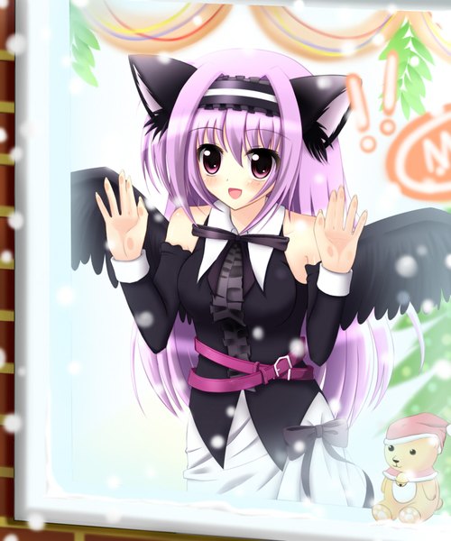 Anime picture 1500x1800 with mashiroiro symphony amaha miu angel koman single long hair tall image blush open mouth purple eyes animal ears purple hair indoors cat ears snowing winter against glass girl dress detached sleeves wings