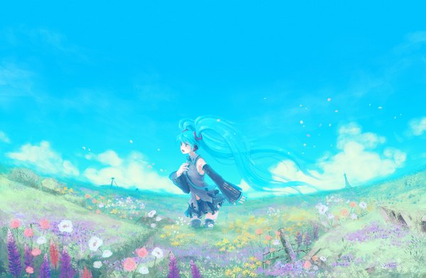 Anime picture 1300x850 with vocaloid hatsune miku com kom single long hair twintails bare shoulders sky cloud (clouds) aqua eyes wind aqua hair field girl skirt flower (flowers) plant (plants) detached sleeves necktie thigh boots