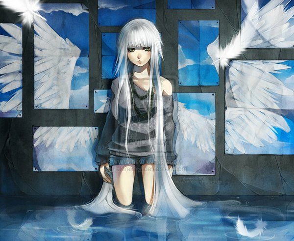 Anime picture 900x737 with original akirakirai (artist) single looking at viewer standing green eyes sky cloud (clouds) white hair very long hair angel wings white wings girl wings water feather (feathers) necklace paper