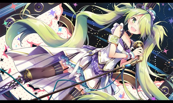 Anime picture 1067x636 with original chii-nyan nyanya single blush fringe open mouth smile wide image twintails holding green eyes ahoge braid (braids) very long hair pleated skirt green hair hair over one eye official art sparkle