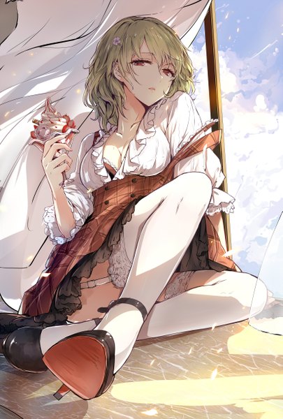Anime picture 1653x2448 with touhou kazami yuuka sam ashton single tall image fringe short hair breasts light erotic hair between eyes red eyes large breasts sitting holding sky cleavage cloud (clouds) bent knee (knees) parted lips head tilt