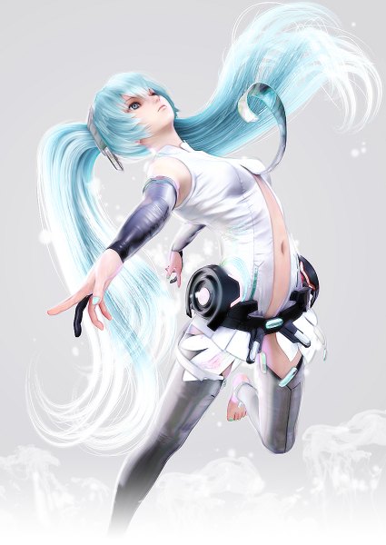 Anime picture 850x1200 with vocaloid hatsune miku ikedan single long hair tall image blue eyes light erotic twintails blue hair nail polish realistic grey background 3d girl navel