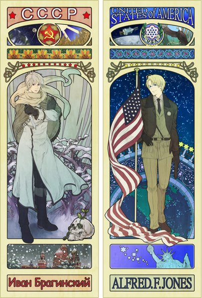 Anime picture 1354x2000 with axis powers hetalia studio deen america (hetalia) russia (hetalia) mushi kei tall image short hair blonde hair standing grey hair inscription snowing winter russian real world location art nouveau kremlin boy glasses necktie