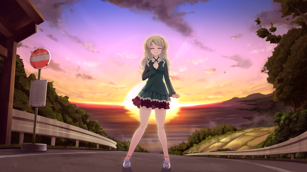 Anime picture 2560x1440 with kanojo step serizawa kuon single highres blonde hair smile wide image game cg sky cloud (clouds) eyes closed evening sunset girl dress