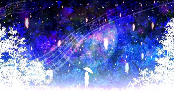 Anime picture 1280x720 with original harada miyuki single wide image night glowing scenic crescent silhouette plant (plants) tree (trees) star (stars) umbrella musical note