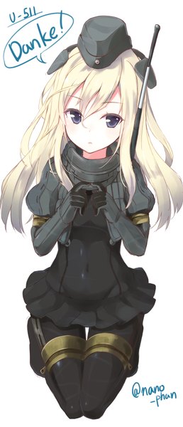 Anime picture 431x1000 with kantai collection u-511 submarine takehana note single long hair tall image fringe blue eyes simple background blonde hair hair between eyes white background signed looking away head tilt inscription character names kneeling text covered navel