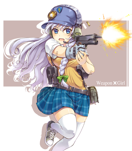 Anime picture 1500x1708 with original nyan (themare) single long hair tall image open mouth blue eyes silver hair braid (braids) shot casing ejection girl thighhighs skirt weapon white thighhighs gun pistol flat cap shell casing