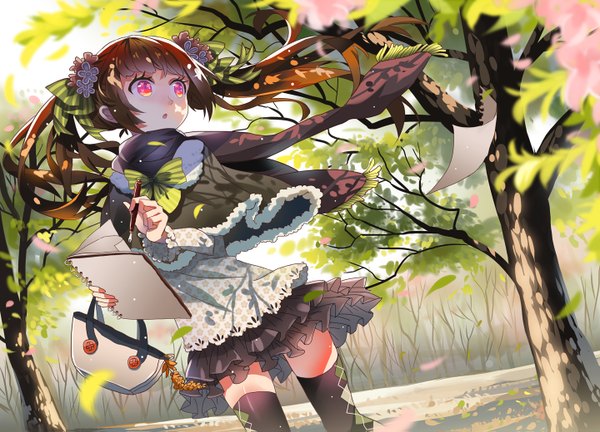 Anime picture 1440x1039 with original tsukii single long hair open mouth brown hair twintails pink eyes wind girl thighhighs dress hair ornament plant (plants) petals tree (trees) scarf book (books) cape bag
