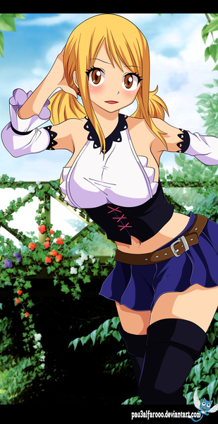 Anime picture 2336x4534 with fairy tail lucy heartfilia pau3alfarooo single long hair tall image blush highres open mouth blonde hair smile twintails brown eyes sky cloud (clouds) pleated skirt armpit (armpits) coloring adjusting hair short twintails
