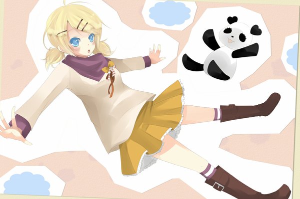 Anime picture 1100x733 with vocaloid kagamine rin single blush short hair open mouth blue eyes blonde hair twintails girl skirt hair ornament animal jacket boots hairclip scarf toy stuffed animal panda