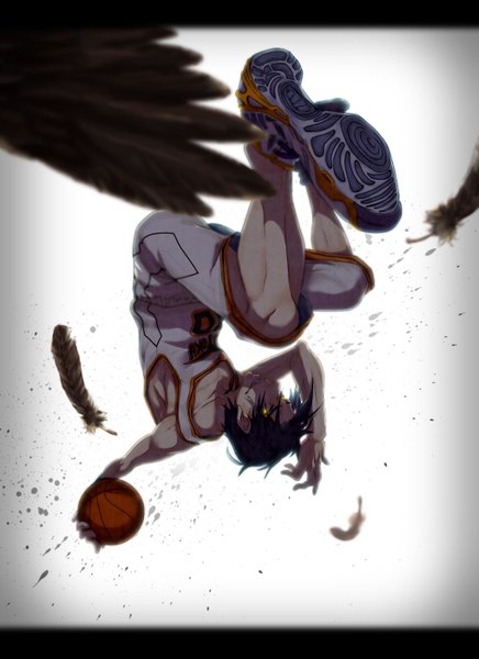 Anime picture 1018x1399 with kuroko no basket production i.g takao kazunari single tall image short hair black hair simple background yellow eyes looking up upside down basketball evil grin boy uniform gym uniform ball sneakers basketball ball basketball uniform