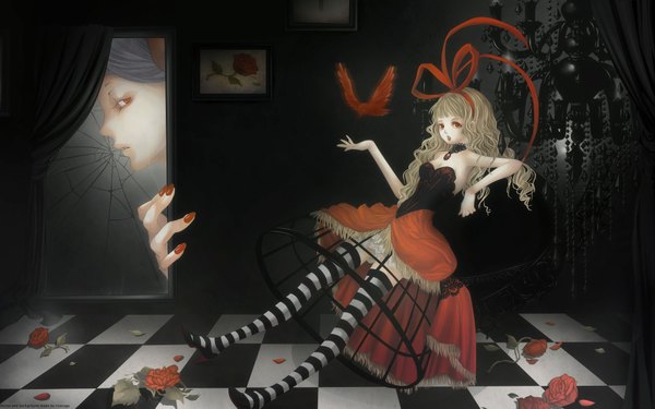 Anime picture 1920x1200 with tukiji nao (green glass) long hair highres blonde hair red eyes wide image cleavage checkered floor goth-loli girl thighhighs ribbon (ribbons) hair ribbon animal bird (birds) striped thighhighs