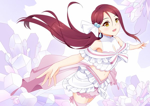 Anime picture 1500x1060 with love live! sunshine!! sunrise (studio) love live! sakurauchi riko lingsexuanlv single long hair blush open mouth smile bare shoulders yellow eyes looking away red hair from above wind midriff spread arms girl thighhighs