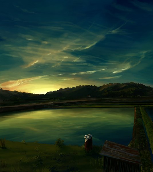 Anime picture 1000x1124 with original saku54 tall image sky evening sunset mountain no people landscape plant (plants) tree (trees) water leaf (leaves) grass