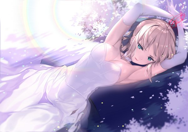 Anime picture 1011x716 with fate (series) fate/stay night fate/unlimited blade works type-moon artoria pendragon (all) saber rozer single long hair looking at viewer fringe breasts blonde hair green eyes cleavage ponytail lying armpit (armpits) on back partially submerged