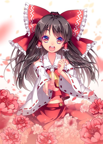Anime picture 1000x1385 with touhou hakurei reimu sougishi ego single long hair tall image looking at viewer open mouth black hair brown eyes girl skirt flower (flowers) bow hair bow detached sleeves petals skirt set