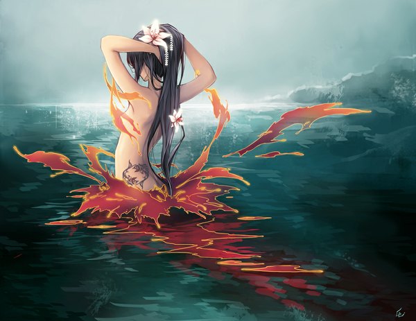 Anime picture 1024x791 with original unodu single long hair black hair hair flower tattoo back arms behind head zodiac pisces (zodiac) girl hair ornament flower (flowers) water fish (fishes)
