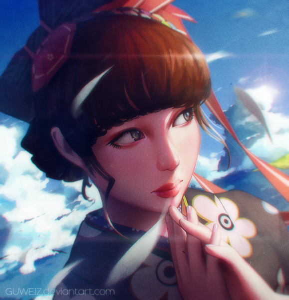 Anime picture 900x932 with real life nakamura risa (real life) guweiz single tall image short hair brown hair looking away sky cloud (clouds) traditional clothes japanese clothes fingernails lips grey eyes lipstick portrait close-up red lipstick girl