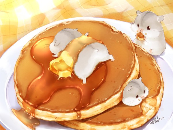 Anime picture 1200x900 with original kana yutaka sitting signed looking away lying inscription eating no people checkered cute checkered background 2017 animal food plate pancake (pancakes) honey hamster