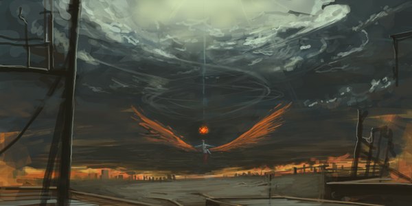 Anime picture 3000x1500 with touhou fujiwara no mokou code-aa (artist) single long hair highres wide image sky silver hair cloud (clouds) flying girl shirt wings pants fire