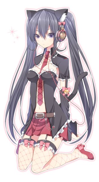 Anime picture 700x1273 with original hattori (junoct2000) single tall image black hair simple background white background purple eyes twintails animal ears tail very long hair animal tail cat ears cat girl cat tail girl thighhighs dress necktie