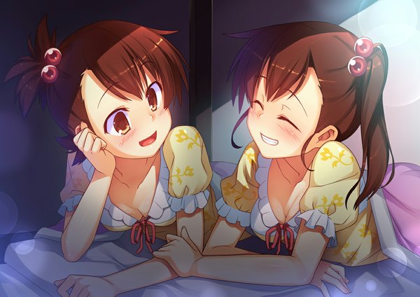 Anime picture 1169x827 with idolmaster futami mami futami ami racer (magnet) blush short hair open mouth smile brown hair multiple girls brown eyes lying eyes closed girl hair ornament 2 girls hair tie hair bobbles pajamas