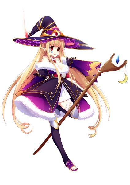 Anime picture 848x1200 with original pixiv fantasia aixioo single long hair tall image looking at viewer blonde hair pointy ears girl dress hat thigh boots witch hat staff