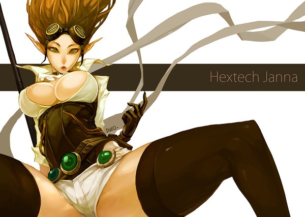 Anime picture 1280x913 with league of legends janna windforce dutomaster single long hair looking at viewer breasts light erotic brown hair sitting green eyes pointy ears elf girl thighhighs gloves black thighhighs