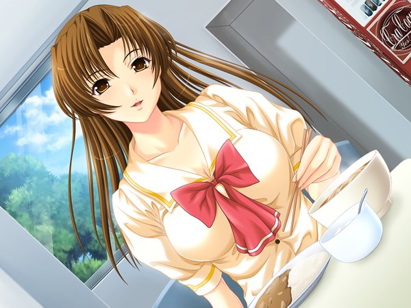 Anime picture 1200x900 with girigiri scoop light erotic brown hair yellow eyes game cg girl cup