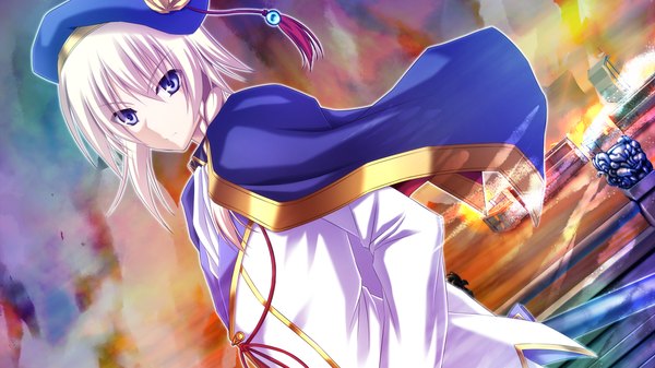 Anime picture 1280x720 with sangoku hime unicorn-a short hair blue eyes wide image game cg white hair looking back girl beret