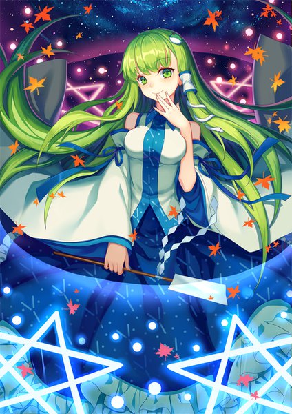 Anime picture 900x1273 with touhou kochiya sanae mirror (xilu4) single long hair tall image looking at viewer fringe smile green eyes blunt bangs green hair hand to mouth frilly skirt girl hair ornament detached sleeves frills star (symbol) leaf (leaves)