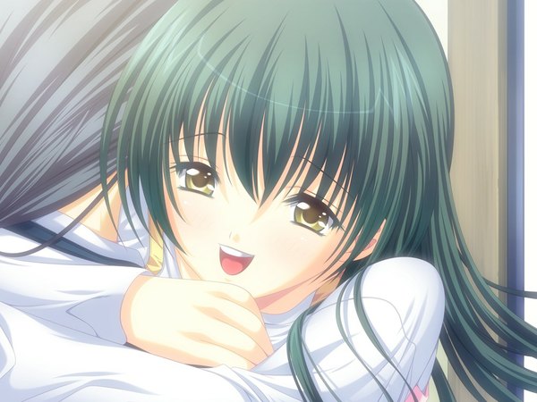 Anime picture 1024x768 with happy harem script (game) long hair open mouth yellow eyes game cg green hair girl