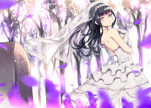 Anime picture 1364x979 with original suusuke single long hair looking at viewer black hair white eyes girl dress gloves flower (flowers) plant (plants) petals tree (trees) white gloves wedding dress