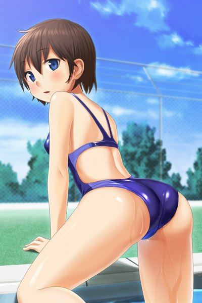 Anime picture 1280x1920 with original sawada yuusuke single tall image blush short hair open mouth blue eyes light erotic brown hair ass back girl swimsuit