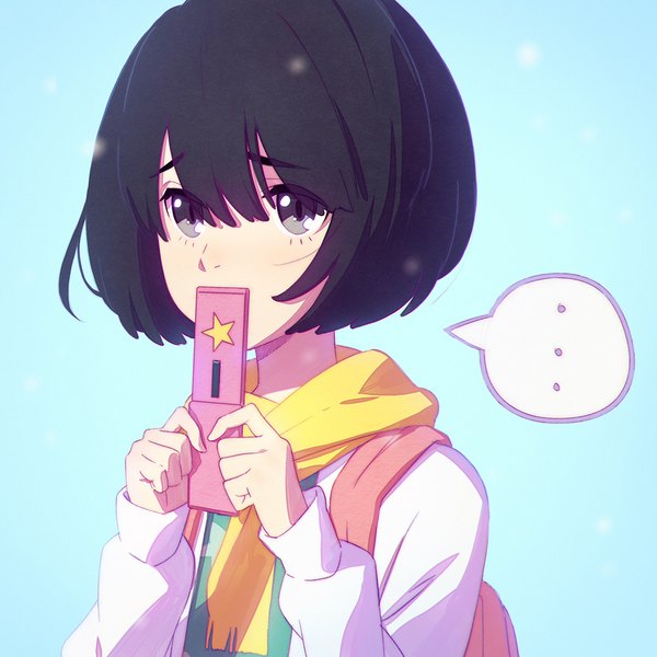 Anime picture 1080x1080 with kokoro ga sakebitagatterunda. a-1 pictures naruse jun ilya kuvshinov single looking at viewer fringe short hair black hair simple background hair between eyes upper body grey eyes blue background covered mouth girl scarf mobile phone speech bubble backpack