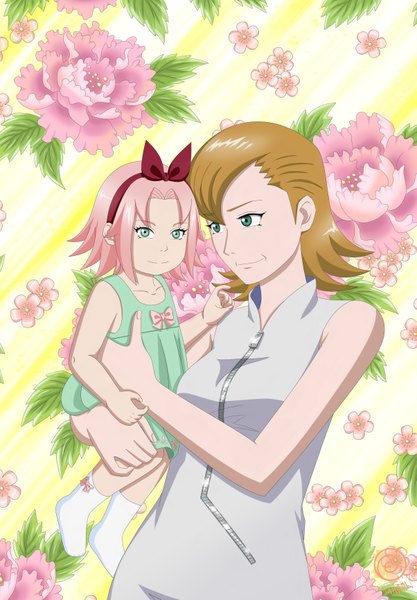 Anime picture 2406x3459 with naruto studio pierrot naruto (series) haruno sakura haruno mebuki hanabi-rin tall image highres short hair smile brown hair multiple girls green eyes pink hair loli hug girl dress flower (flowers) 2 girls