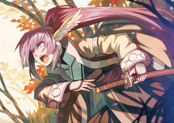 Anime picture 1023x724 with utawareru mono touka (utawarerumono) rano single open mouth purple eyes purple hair ponytail very long hair traditional clothes looking up fighting stance head wings sheathed autumn screaming ready to draw girl weapon plant (plants)