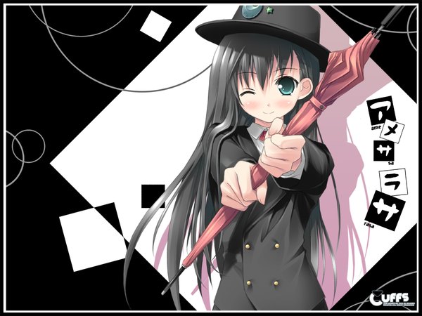 Anime picture 1600x1200 with amesarasa chiyokawa rin kantoku single long hair looking at viewer blush fringe black hair smile hair between eyes upper body one eye closed aqua eyes wink copyright name closed umbrella girl hat umbrella