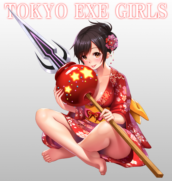Anime picture 958x1008 with tokyo exe girls yoyogi akari re:shimashima single tall image looking at viewer blush light erotic black hair brown eyes traditional clothes japanese clothes hair flower inscription copyright name girl hair ornament flower (flowers) weapon kimono